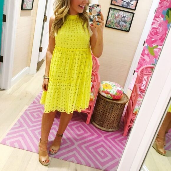 Lilly Pulitzer Indira Mock Collar Tiered Panel Eyelet Swing Dress Lemon Yellow - Picture 2 of 16